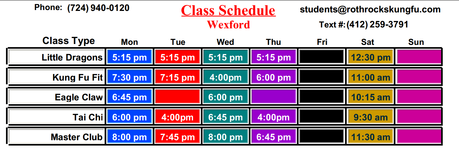 Schedule Wexford Kung Fu and Tai Chi Magazine